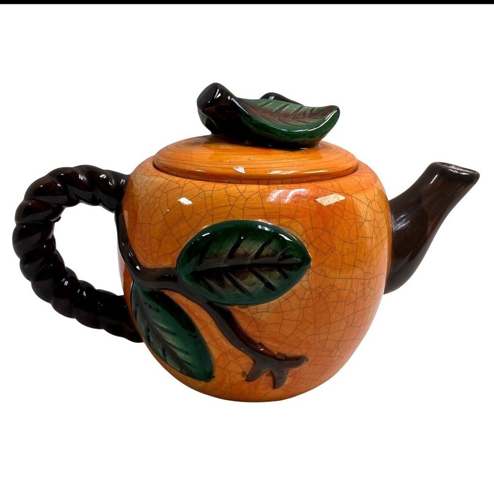 Vintage Majolica Pumpkin Teapot Ceramic‎ Sculpted Leaf Vine Handle Fall Decor